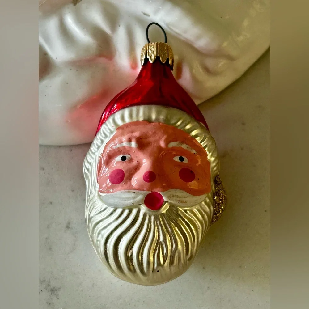 Vintage Santa Claus Head Glass Ornament - Red and White